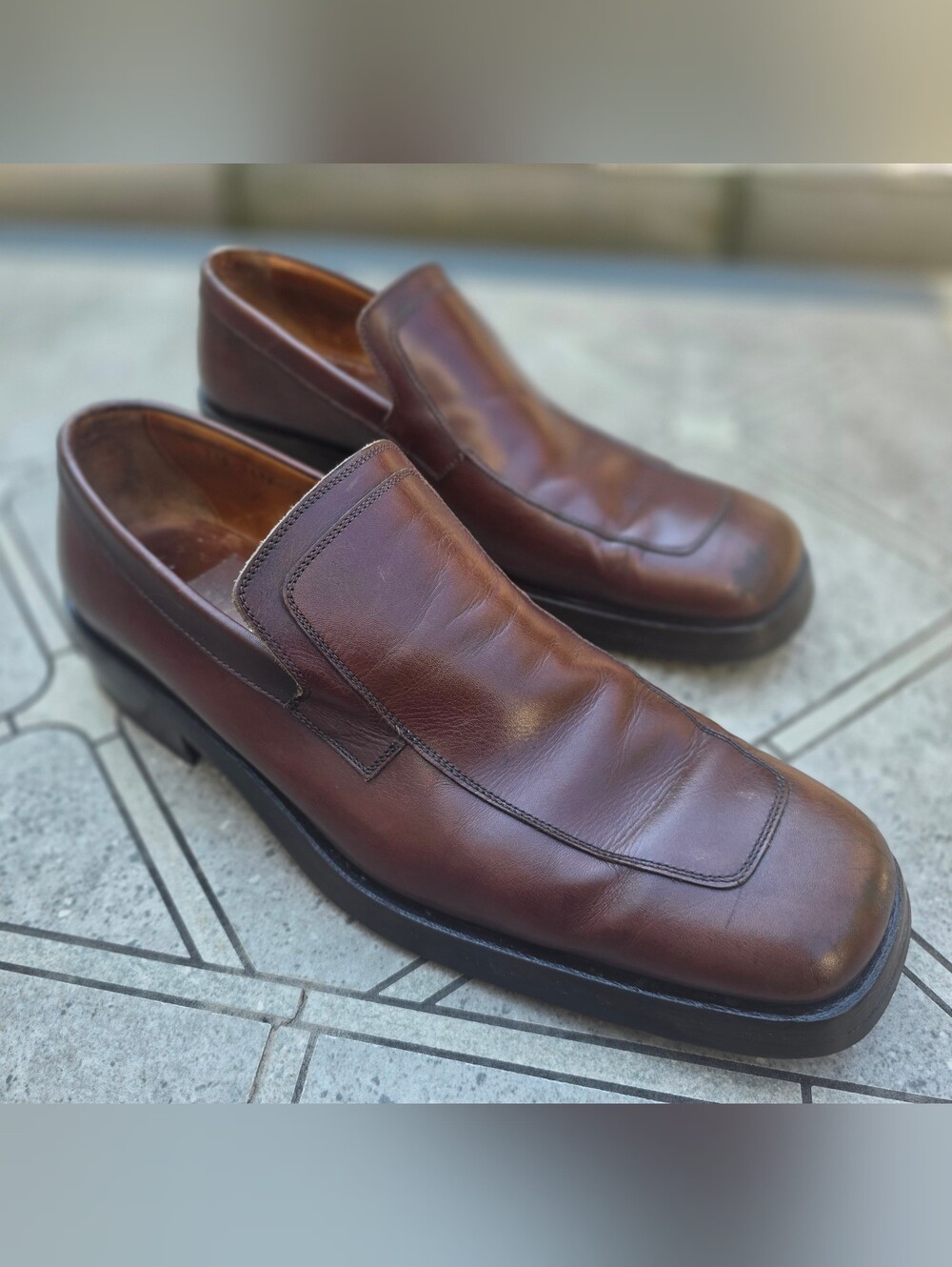 Gucci Vintage Brown Leather Square Toe Loafers Slip-On DressShoes Mens US 11.5 M